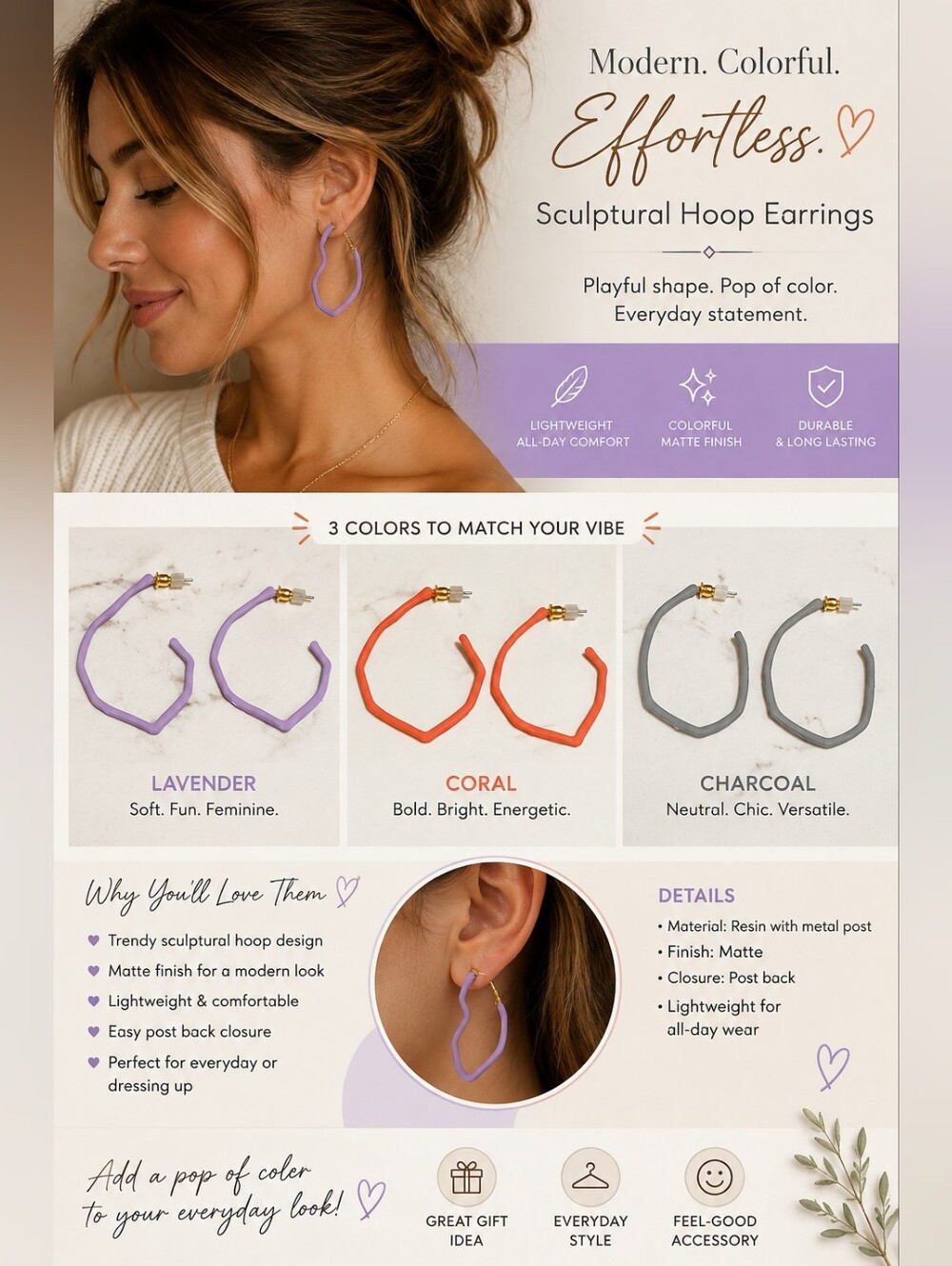Clover Grey, Coral, Purple Hoop Earrings